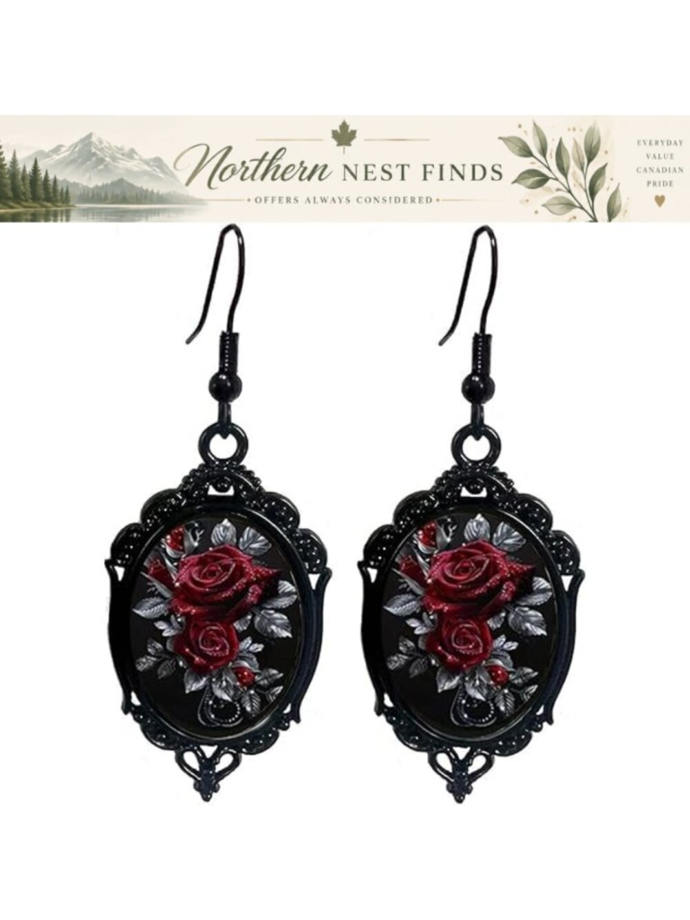 Gothic Rose Glass Dangle Drop Earrings Vintage Victorian Halloween Jewelry